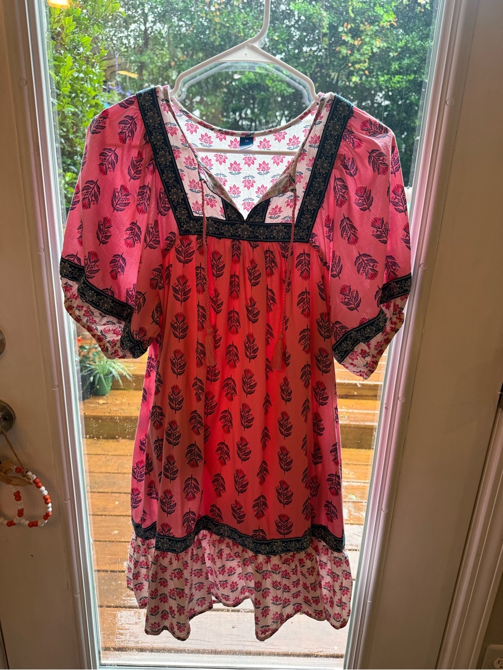 Old Navy Pink Floral Boho Tunic Dress with Black Trim